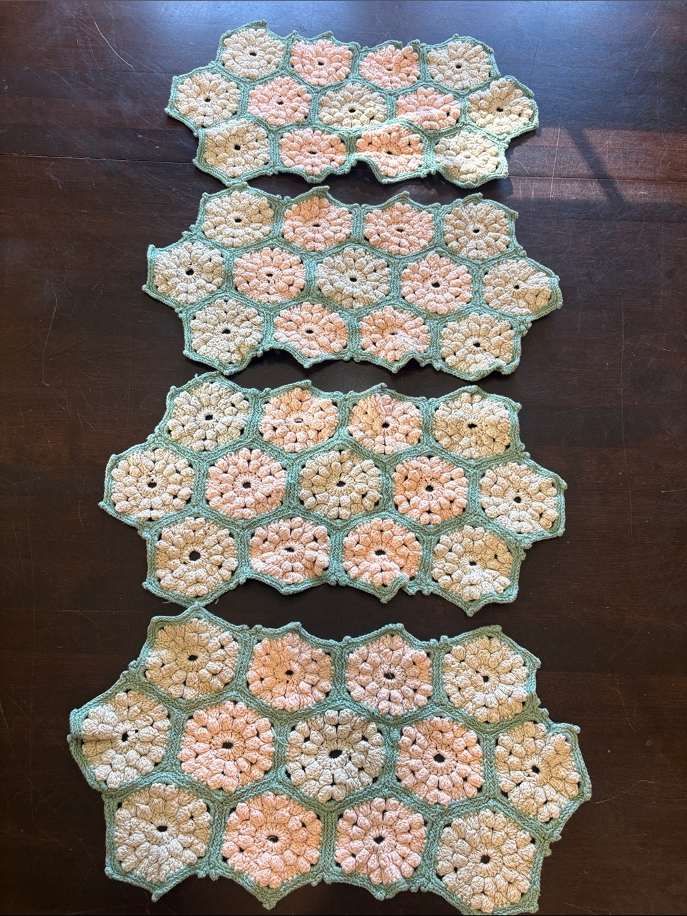 4 Crocheted Hexagon Table Doily in Peach, Cream and Green